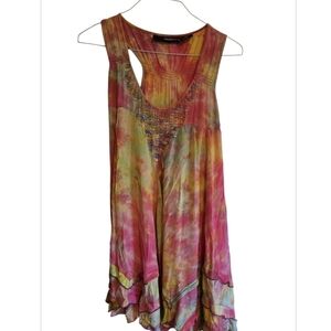 Denim 24/7 Pink and Yellow Asymmetrical Ruffled Tank Top